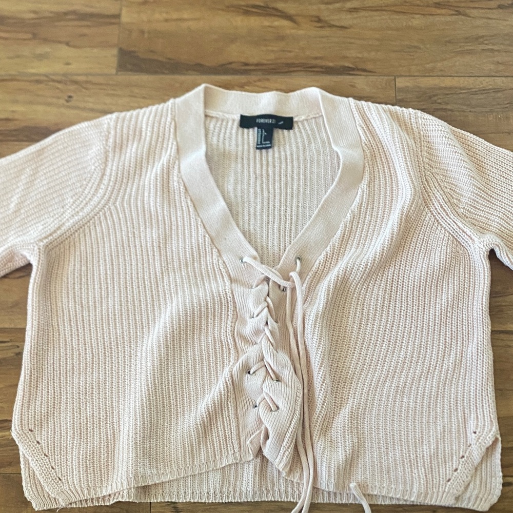 Forever 21 Blush Lace-Up V-Neck Sweater